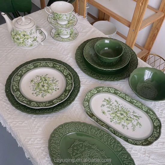 Luxury Classic French Retro Dark Green Porcelain Charger Creative Round Dinnerware Set Weddings Includes Dish Coffee Cup Teapot Luxury Classic French Retro Dark Green Porcelain Charger Creative Round Dinnerware Set Weddings Includes Dish Coffee Cup Teapot