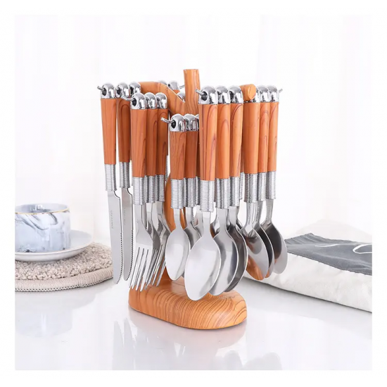 Hot Selling Wooden Handle Stainless Steel Flatware Set Knife Serve Fork Spoon Portable 24pcs Dinnerware Tableware Set With Rack Hot Selling Wooden Handle Stainless Steel Flatware Set Knife Serve Fork Spoon Portable 24pcs Dinnerware Tableware Set With Rack