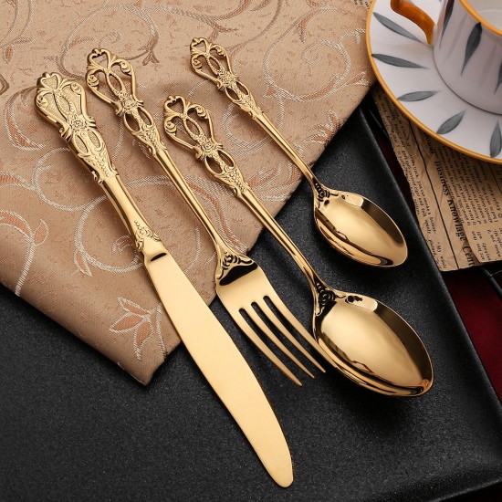 Wholesale Luxury Antique Handle Stainless Steel Vintage Silverware Flatware Banquet Cutlery Set in Silver and Gold for Wedding Wholesale Luxury Antique Handle Stainless Steel Vintage Silverware Flatware Banquet Cutlery Set in Silver and Gold for Wedding